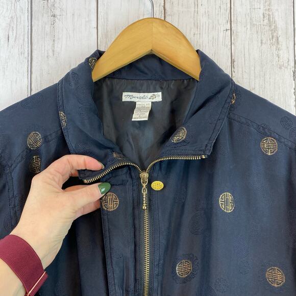 VTG Mureli Women's Black Gold Printed Silk Bomber Windbreaker Jacket Size Large - Picture 2 of 12
